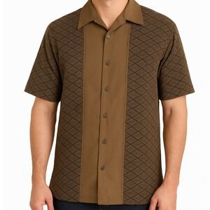 Claiborne Shirt Men Size M Brown Black Short Sleeve Button Front Casual Retro